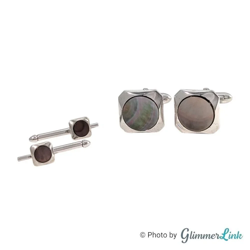 Vintage Swank Abalone Shell Art Deco Style Geometric Silver Tone Cufflink Set